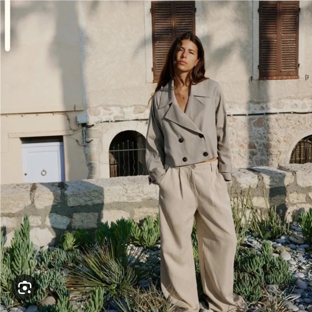 ZARA CROPPED DOUBLE BREASTED LINEN BLEND TRENCH Small